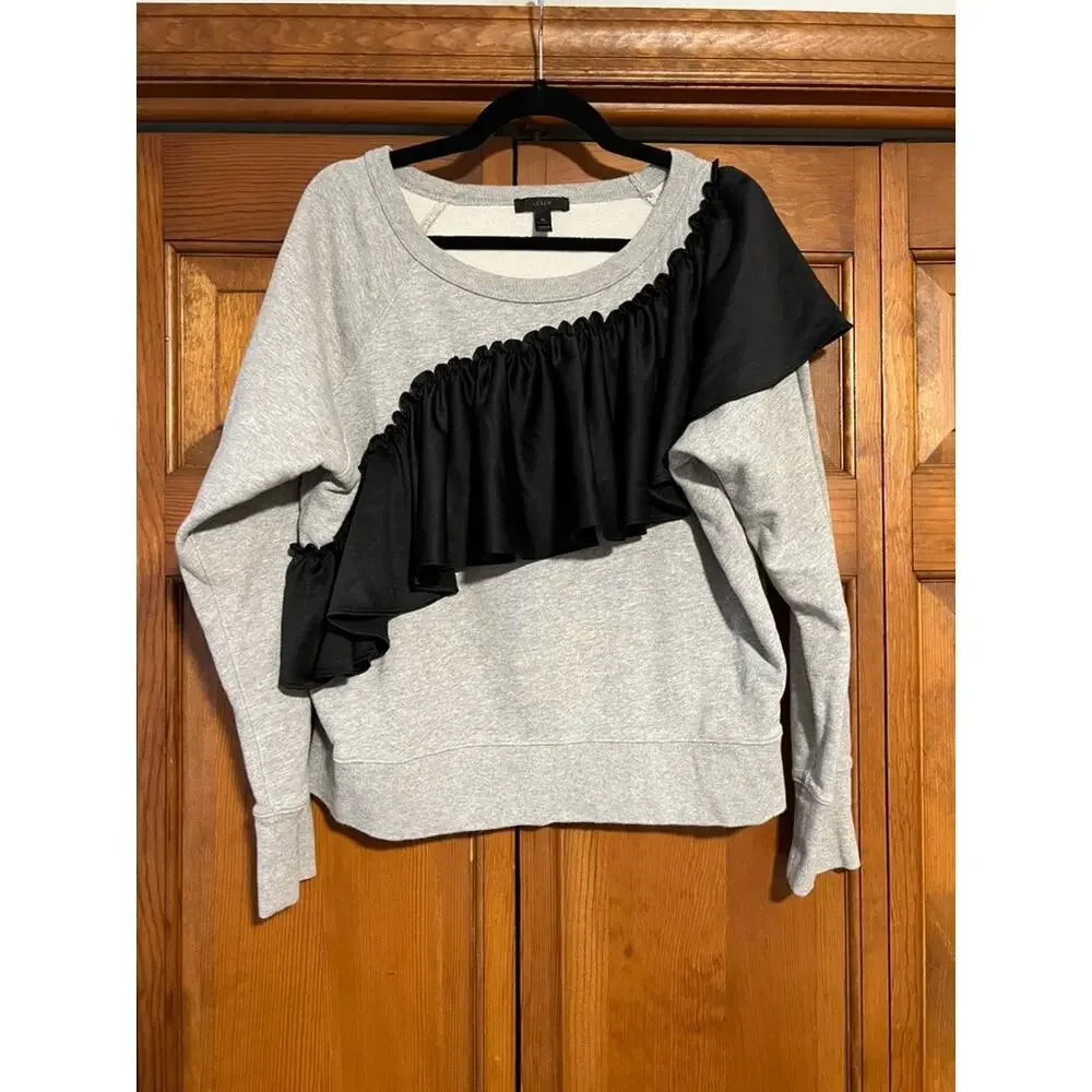 J. Crew Women's Asymmetrical Ruffle Crewneck Sweatshirt in Light Grey Size XL - Picture 2 of 10